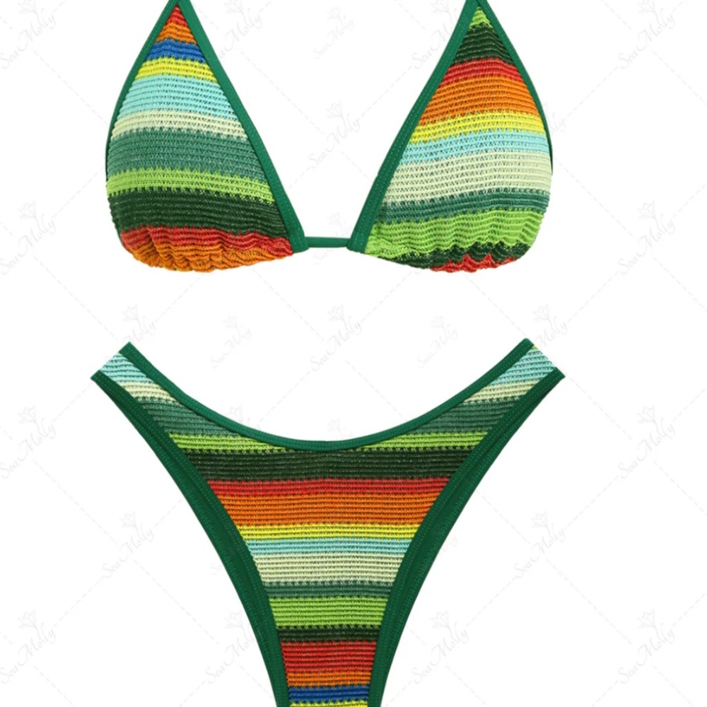 Green Colorblock Striped Triangle Top Cheeky Bikini Set, Medium